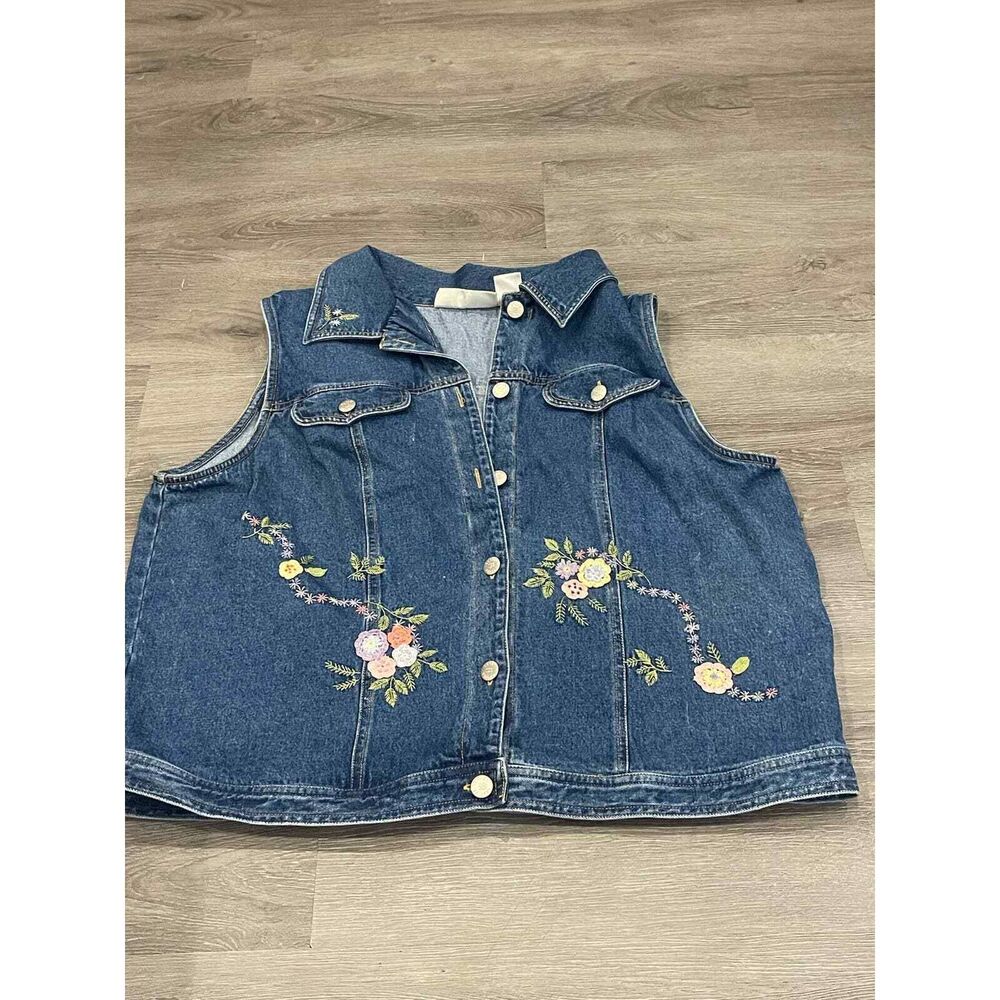 Vintage 90’s 00’s Y2K Susan Bristol Denim Vest floral embroidery cottagecore